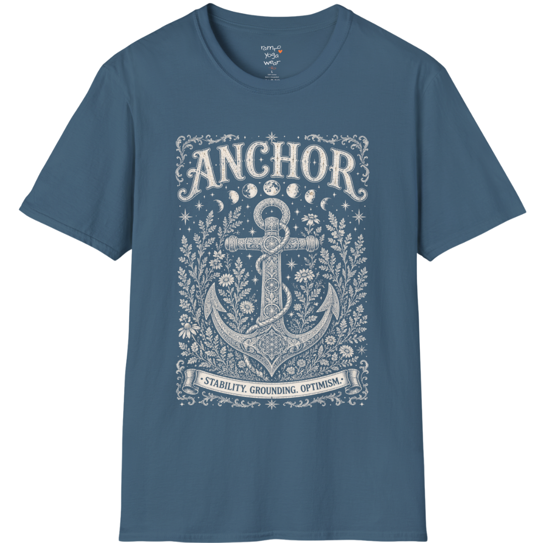 Anchor botanical sacred geometry moon phases engraving design — Dark Sacred Stillness collection by Ramro Yoga Wear in Indigo Blue