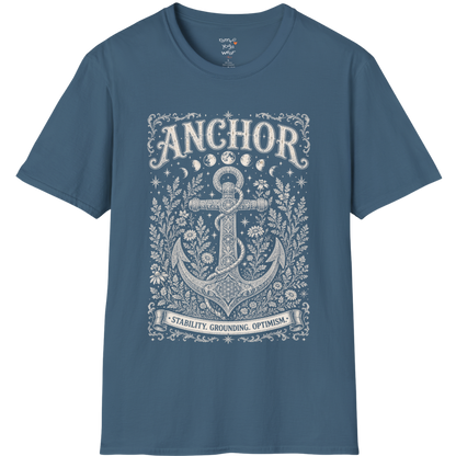 Anchor botanical sacred geometry moon phases engraving design — Dark Sacred Stillness collection by Ramro Yoga Wear in Indigo Blue