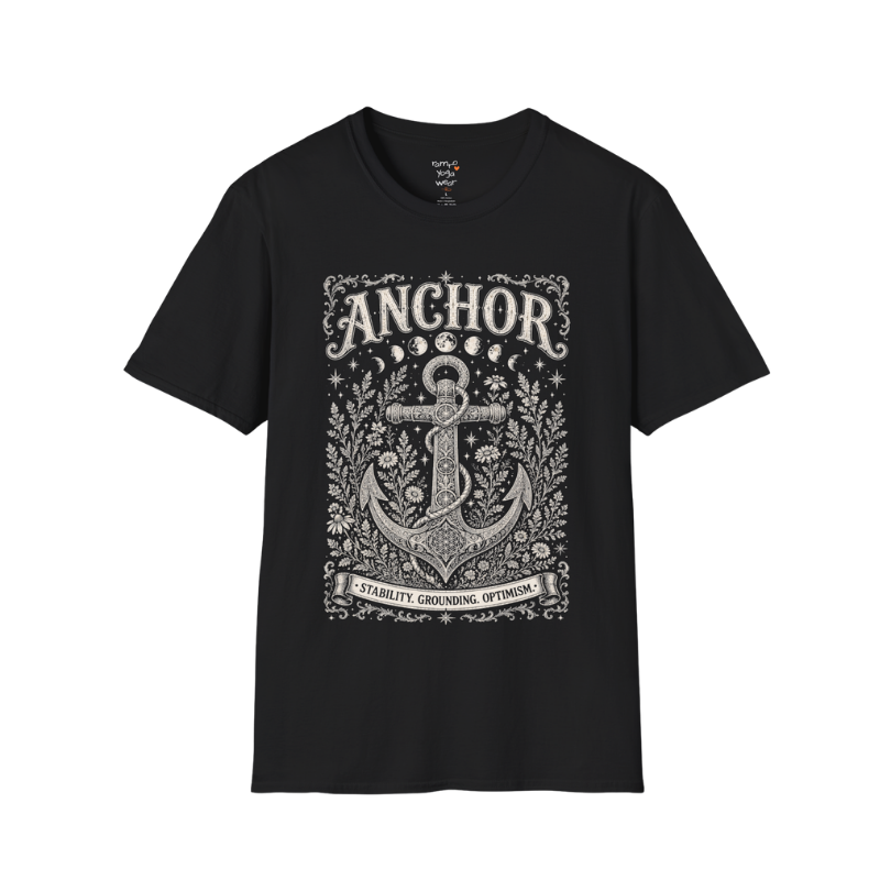 Anchor botanical sacred geometry moon phases engraving design — Dark Sacred Stillness collection by Ramro Yoga Wear in black