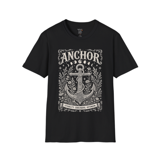 Anchor botanical sacred geometry moon phases engraving design — Dark Sacred Stillness collection by Ramro Yoga Wear in black