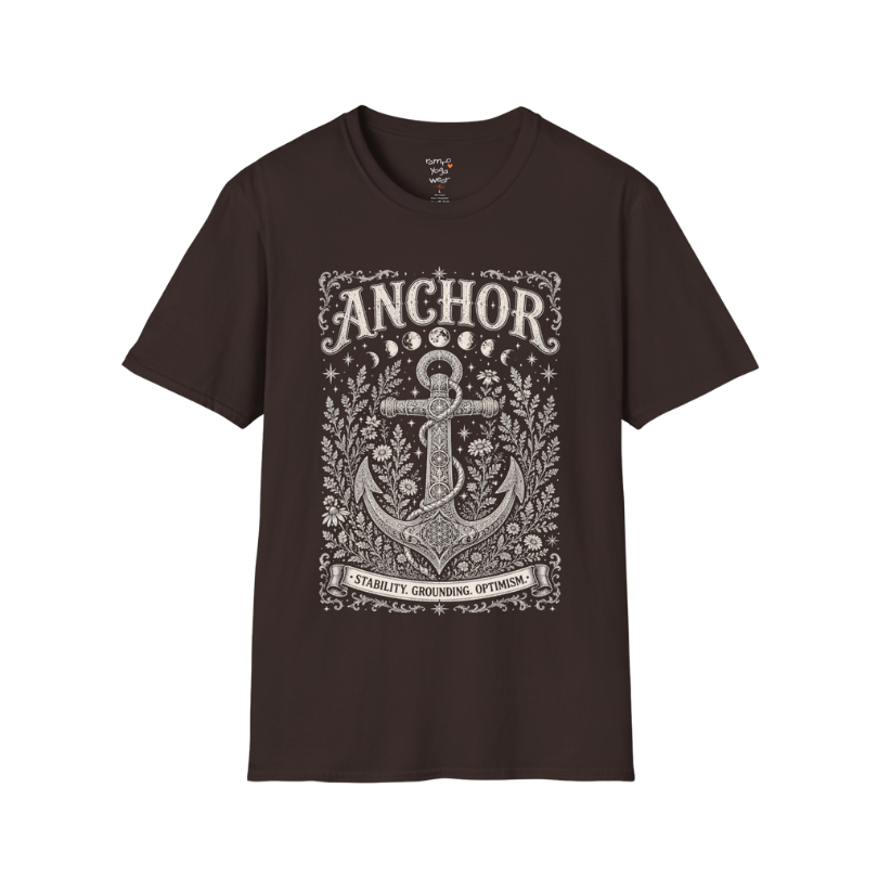 Anchor botanical sacred geometry moon phases engraving design — Dark Sacred Stillness collection by Ramro Yoga Wear in Dark Chocolate.