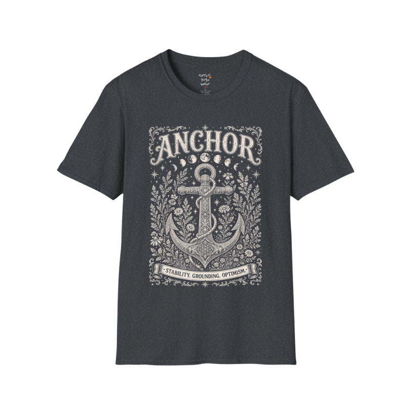 Anchor botanical sacred geometry moon phases engraving design — Dark Sacred Stillness collection by Ramro Yoga Wear in Dark Heather Grey.