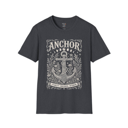 Anchor botanical sacred geometry moon phases engraving design — Dark Sacred Stillness collection by Ramro Yoga Wear in Dark Heather Grey.