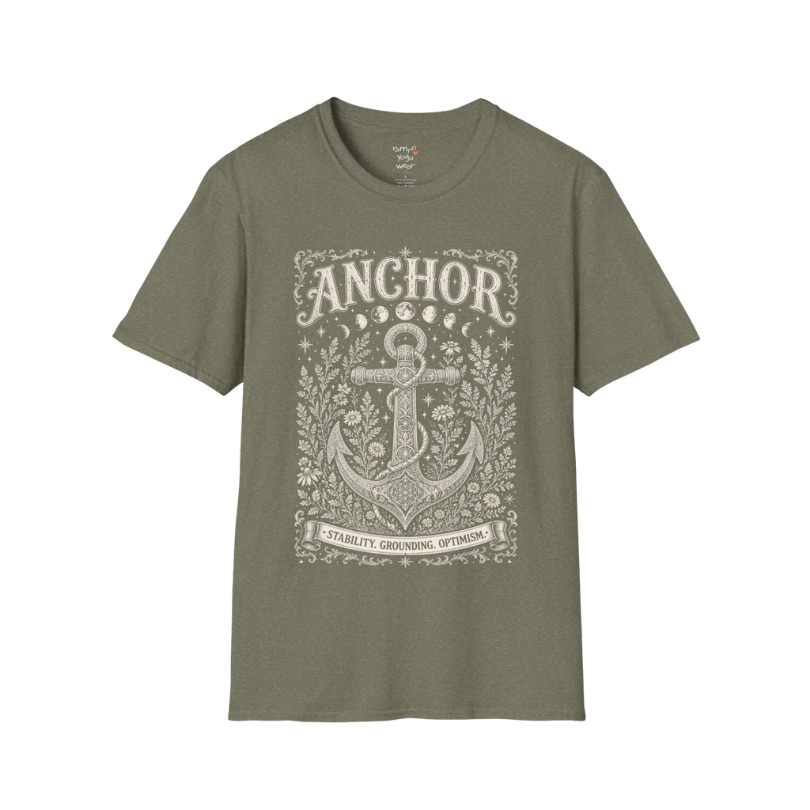 Anchor botanical sacred geometry moon phases engraving design — Dark Sacred Stillness collection by Ramro Yoga Wear in Heather Military Green