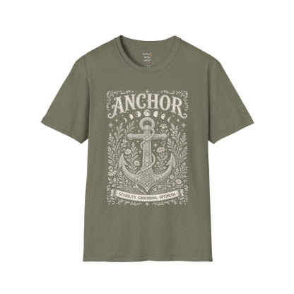 Anchor botanical sacred geometry moon phases engraving design — Dark Sacred Stillness collection by Ramro Yoga Wear in Heather Military Green