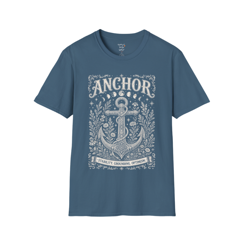 Anchor botanical sacred geometry moon phases engraving design — Dark Sacred Stillness collection by Ramro Yoga Wear in Indigo Blue