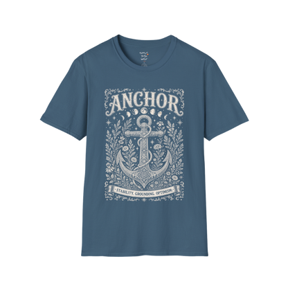 Anchor botanical sacred geometry moon phases engraving design — Dark Sacred Stillness collection by Ramro Yoga Wear in Indigo Blue