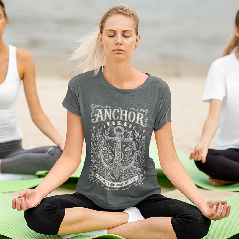 Woman wearing Anchor dark heather grey meditation shirt in yoga class — Dark Sacred Stillness collection by Ramro Yoga Wear