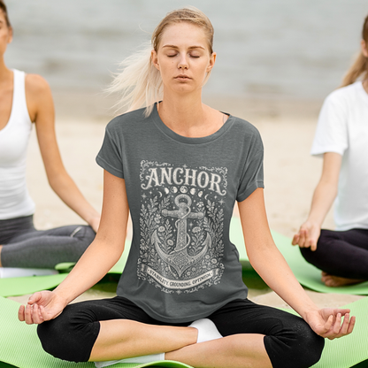 Woman wearing Anchor dark heather grey meditation shirt in yoga class — Dark Sacred Stillness collection by Ramro Yoga Wear