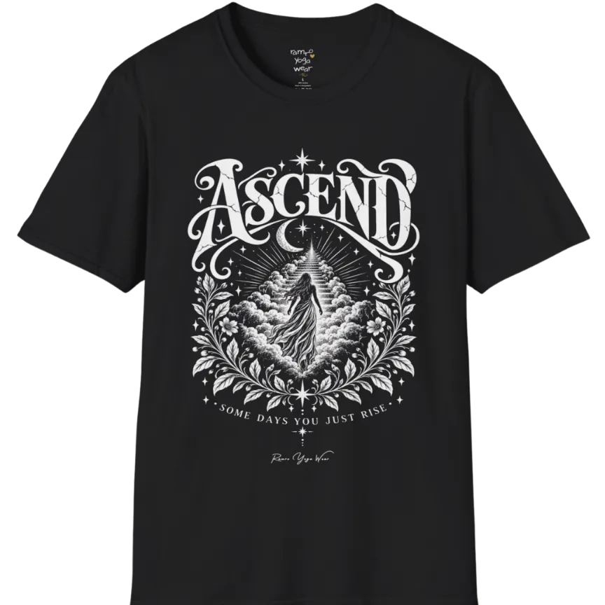 A short sleeved Tee with a figure rising through layered clouds toward a staircase of light, framed by a diamond-shaped botanical border with stars and a crescent moon above. Ascend T-Shirt flat lay is a Gildan 64000 and the color is Black.