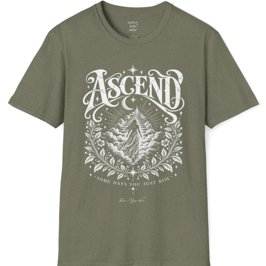 A short sleeved Tee with a figure rising through layered clouds toward a staircase of light, framed by a diamond-shaped botanical border with stars and a crescent moon above. Ascend T-Shirt flat lay is a Gildan 64000 and the color is Heather Military Green.