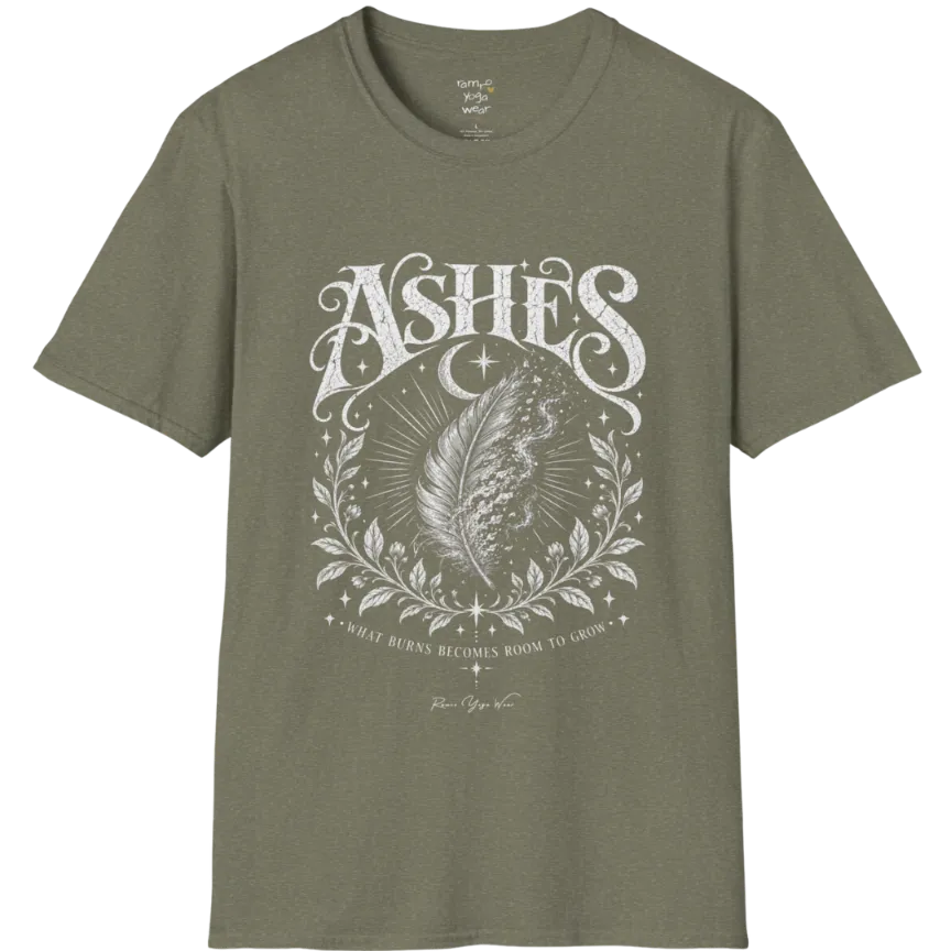 A single feather transforming into ash and ember against a dark starlit background, botanical framing below. Ashes T-Shirt flat lay is a Gildan 64000 and the color is Heather Military Green.