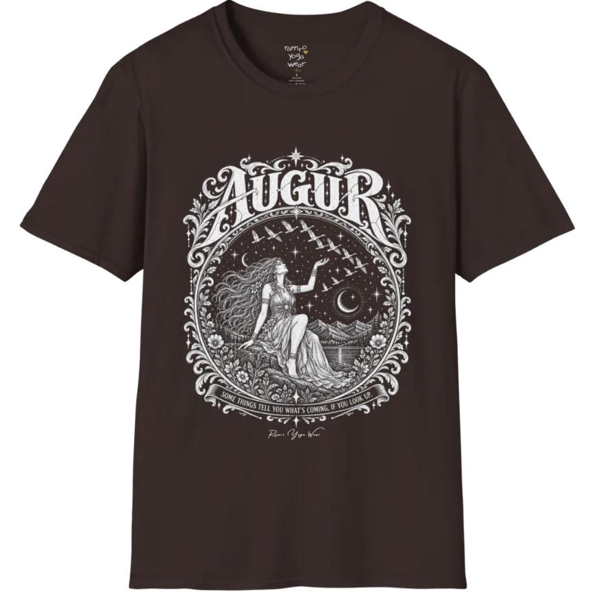 A short sleeved tee called the Augur T-Shirt, flat lay and a soft cotton shirt. Simply says, Some things tell you what's coming, if you look up. Design highlights an ornate engraved circular frame of florals and filigree around a long-haired figure in a flowing gown seated on a rocky ledge, one hand raised toward a flock of birds crossing a starry sky, with crescent moons, mountains and still water behind and Augur in decorative lettering across the top. Color is Dark Chocolate.