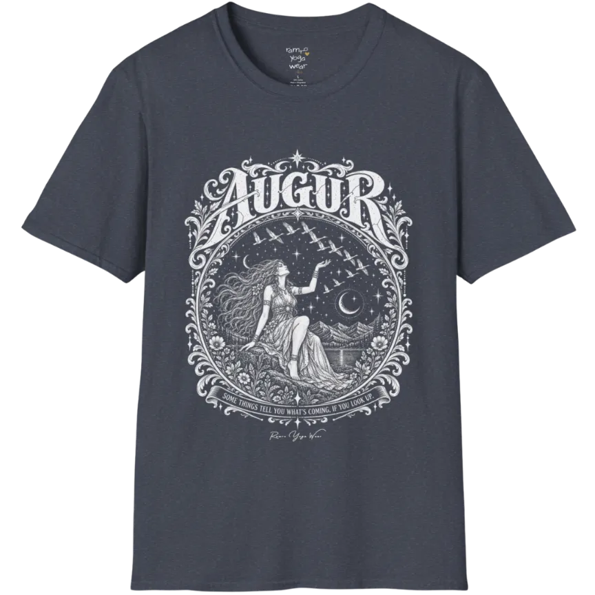 A short sleeved tee called the Augur T-Shirt, flat lay and a soft cotton blend shirt. Simply says, Some things tell you what's coming, if you look up. Design highlights an ornate engraved circular frame of florals and filigree around a long-haired figure in a flowing gown seated on a rocky ledge, one hand raised toward a flock of birds crossing a starry sky, with crescent moons, mountains and still water behind and Augur in decorative lettering across the top. Color is Heather Navy.