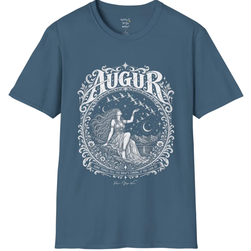 A short sleeved tee called the Augur T-Shirt, flat lay and a soft cotton shirt. Simply says, Some things tell you what's coming, if you look up. Design highlights an ornate engraved circular frame of florals and filigree around a long-haired figure in a flowing gown seated on a rocky ledge, one hand raised toward a flock of birds crossing a starry sky, with crescent moons, mountains and still water behind and Augur in decorative lettering across the top. Color is Indigo Blue.