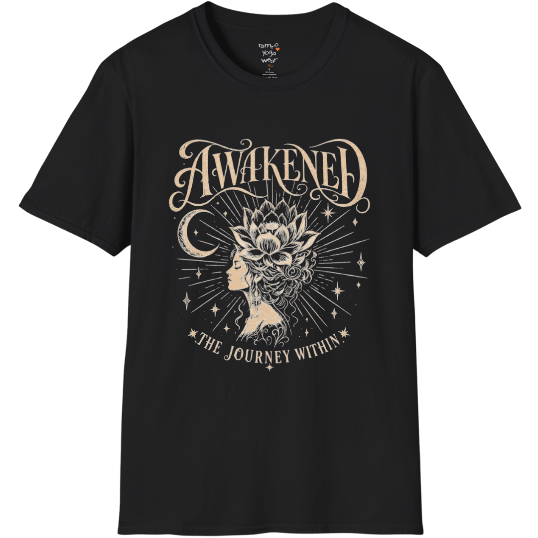 Black Awakened T-Shirt featuring celestial spiritual artwork with grounded mindful energy.