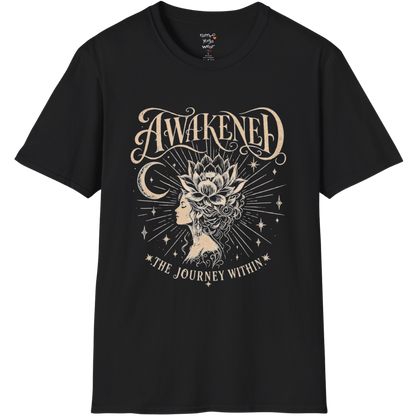 Black Awakened T-Shirt featuring celestial spiritual artwork with grounded mindful energy.
