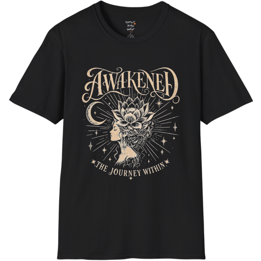 Black Awakened T-Shirt featuring celestial spiritual artwork with grounded mindful energy.
