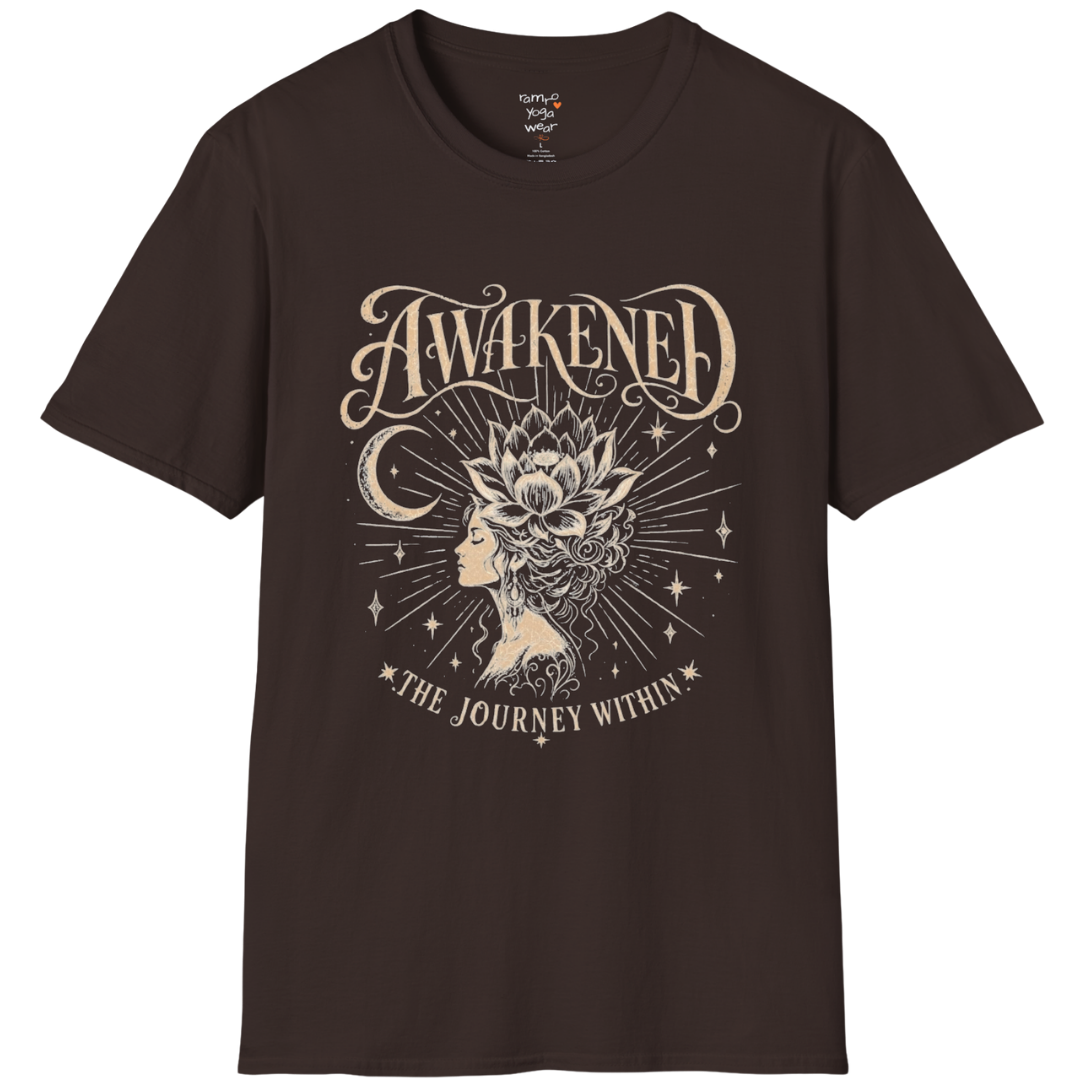 Dark Chocolate Awakened T-Shirt with vintage-inspired spiritual graphic and calm earthy aesthetic.