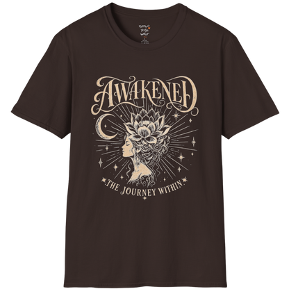 Dark Chocolate Awakened T-Shirt with vintage-inspired spiritual graphic and calm earthy aesthetic.