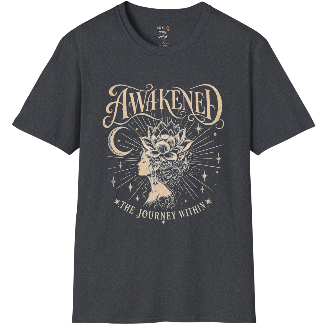 Dark Heather Grey Awakened T-Shirt featuring celestial artwork with relaxed mindful styling.