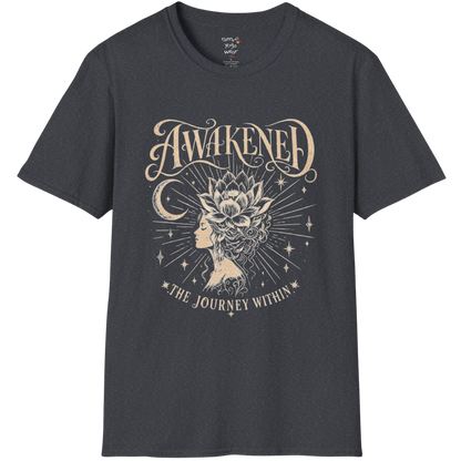 Dark Heather Grey Awakened T-Shirt featuring celestial artwork with relaxed mindful styling.