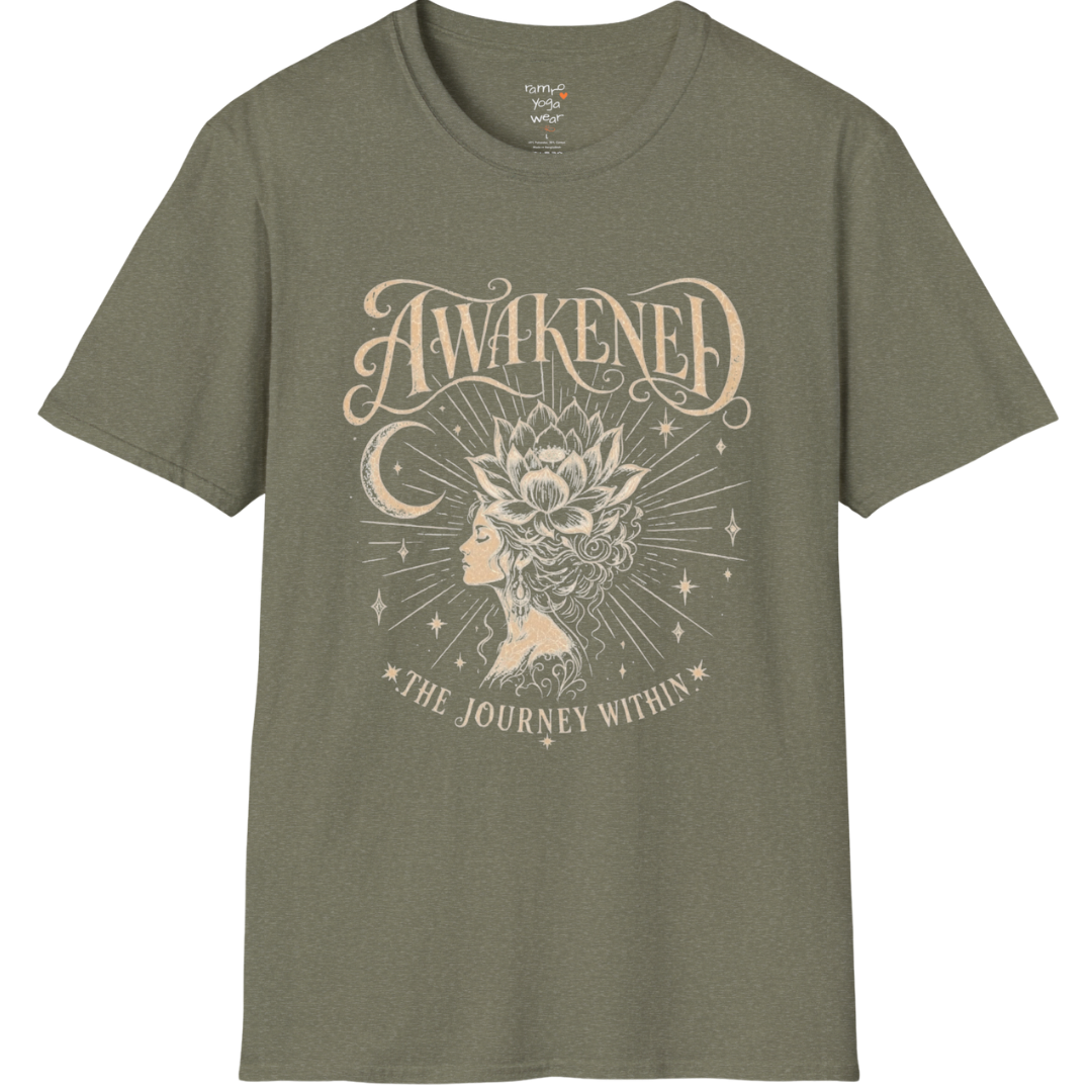 Heather Military Green Awakened T-Shirt with spiritual graphic and grounded yoga-inspired aesthetic.