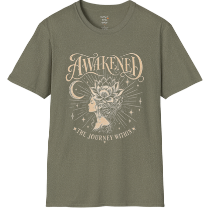 Heather Military Green Awakened T-Shirt with spiritual graphic and grounded yoga-inspired aesthetic.