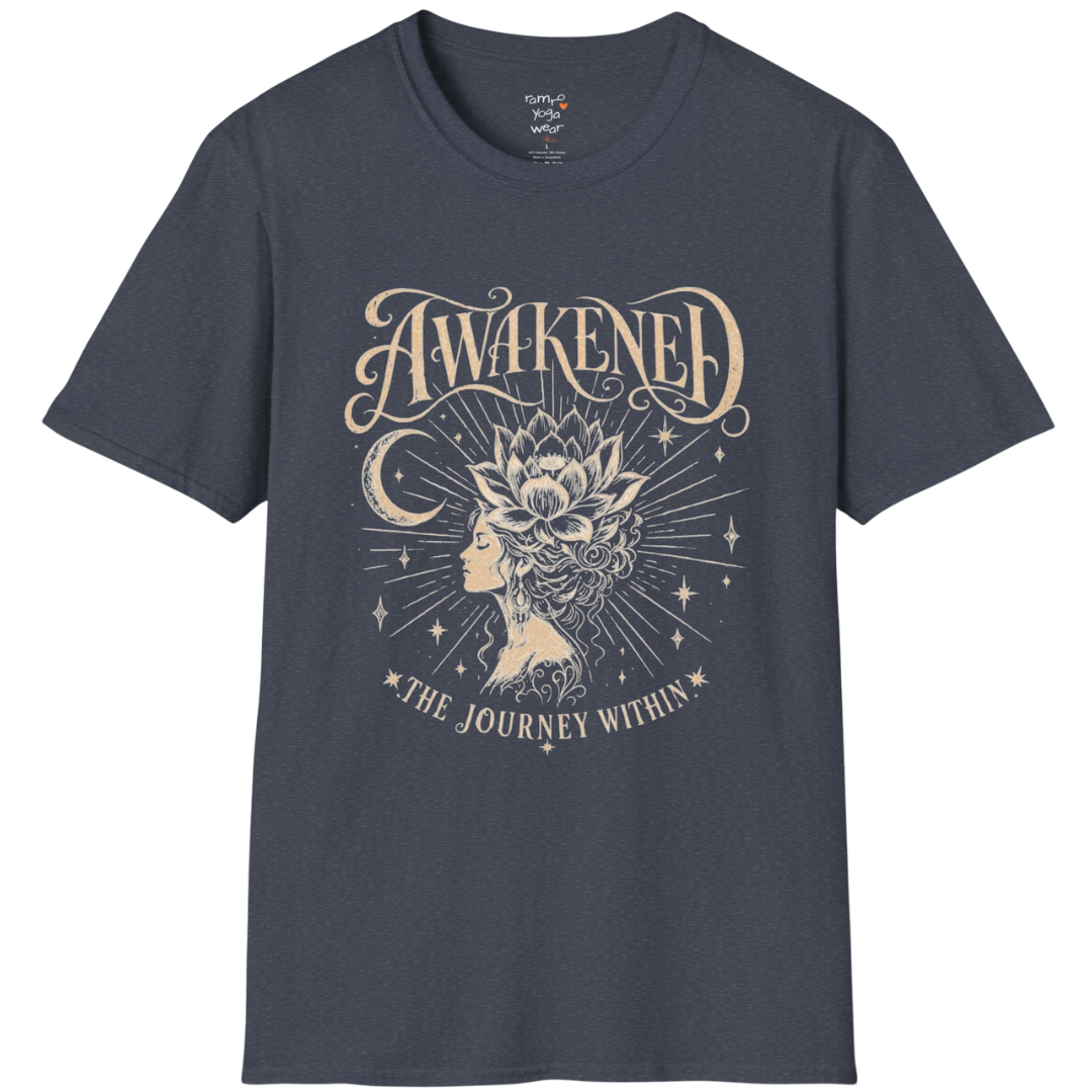 Heather Navy Awakened T-Shirt featuring celestial artwork with calm editorial styling.