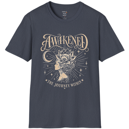 Heather Navy Awakened T-Shirt featuring celestial artwork with calm editorial styling.