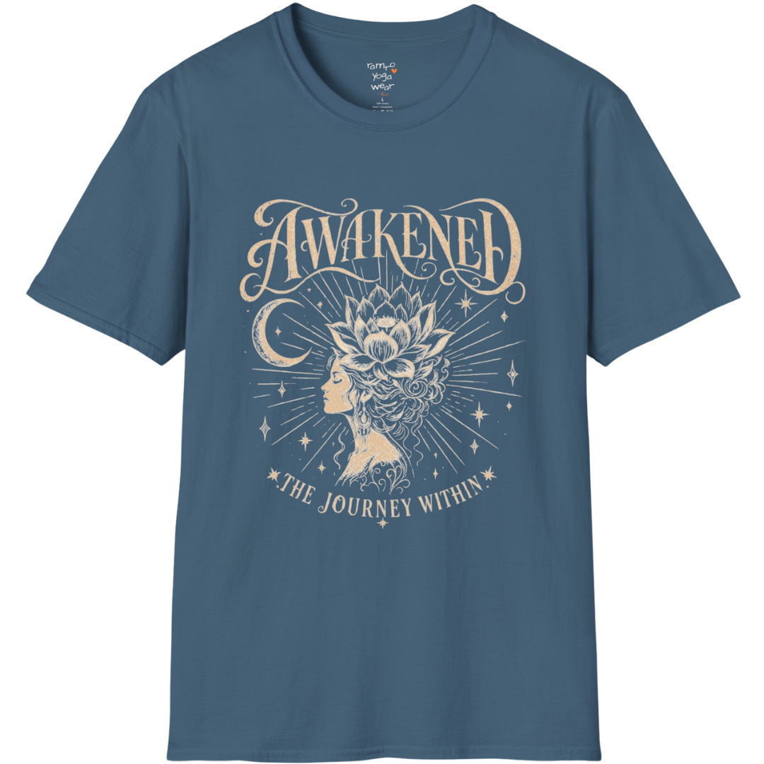 Indigo Blue Awakened T-Shirt featuring celestial graphic with calm yoga lifestyle aesthetic.