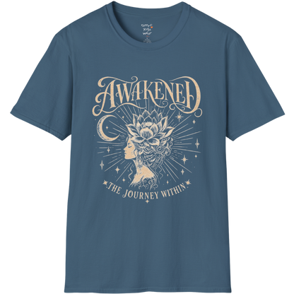 Indigo Blue Awakened T-Shirt featuring celestial graphic with calm yoga lifestyle aesthetic.
