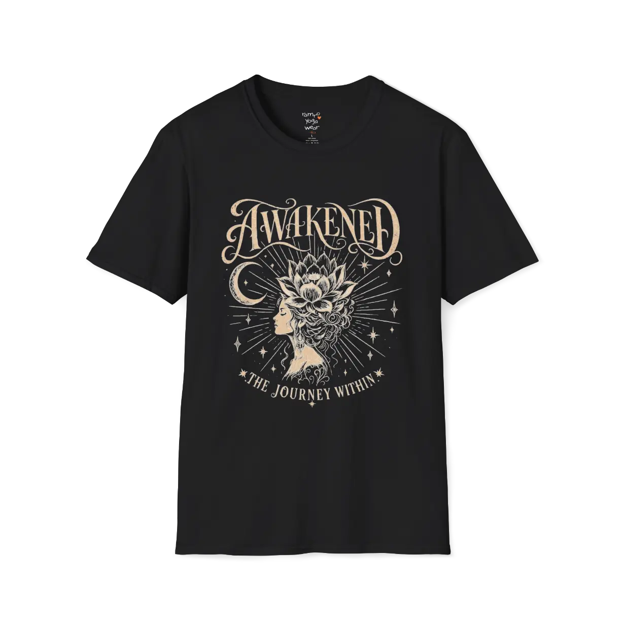 Black Awakened T-Shirt featuring celestial spiritual artwork with grounded mindful energy.