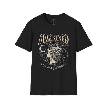 Black Awakened T-Shirt featuring celestial spiritual artwork with grounded mindful energy.