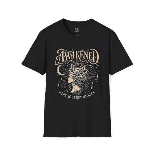 Black Awakened T-Shirt featuring celestial spiritual artwork with grounded mindful energy.