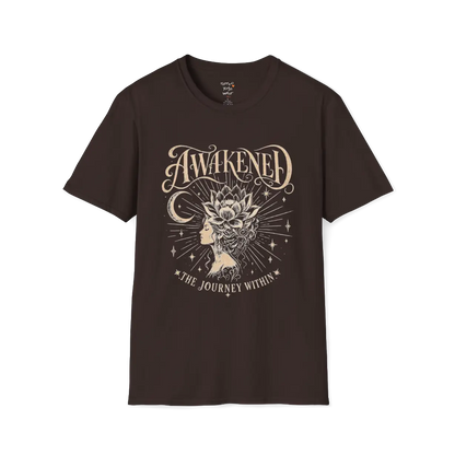 Dark Chocolate Awakened T-Shirt with vintage-inspired spiritual graphic and calm earthy aesthetic.
