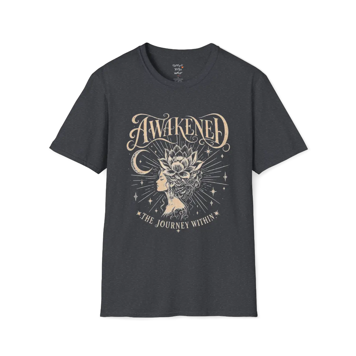 Dark Heather Grey Awakened T-Shirt featuring celestial artwork with relaxed mindful styling.