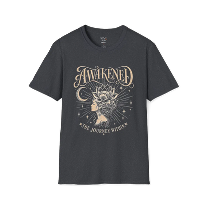 Dark Heather Grey Awakened T-Shirt featuring celestial artwork with relaxed mindful styling.