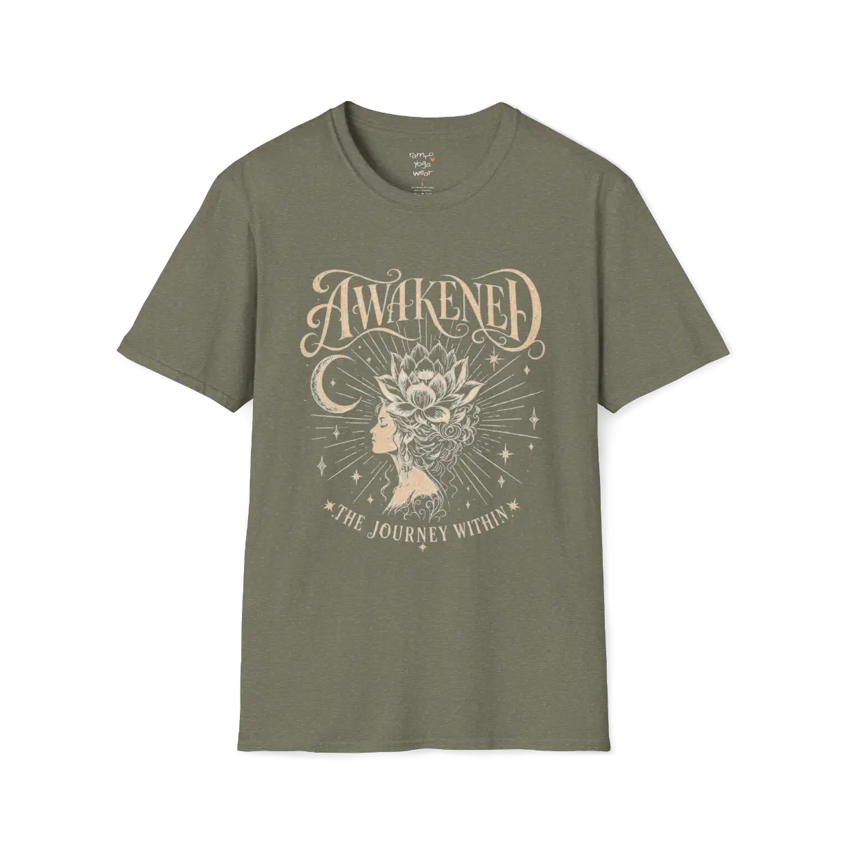 Heather Military Green Awakened T-Shirt with spiritual graphic and grounded yoga-inspired aesthetic.