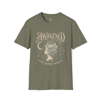 Heather Military Green Awakened T-Shirt with spiritual graphic and grounded yoga-inspired aesthetic.
