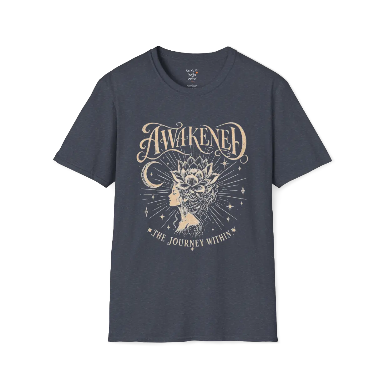 Heather Navy Awakened T-Shirt featuring celestial artwork with calm editorial styling.