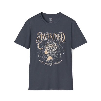 Heather Navy Awakened T-Shirt featuring celestial artwork with calm editorial styling.