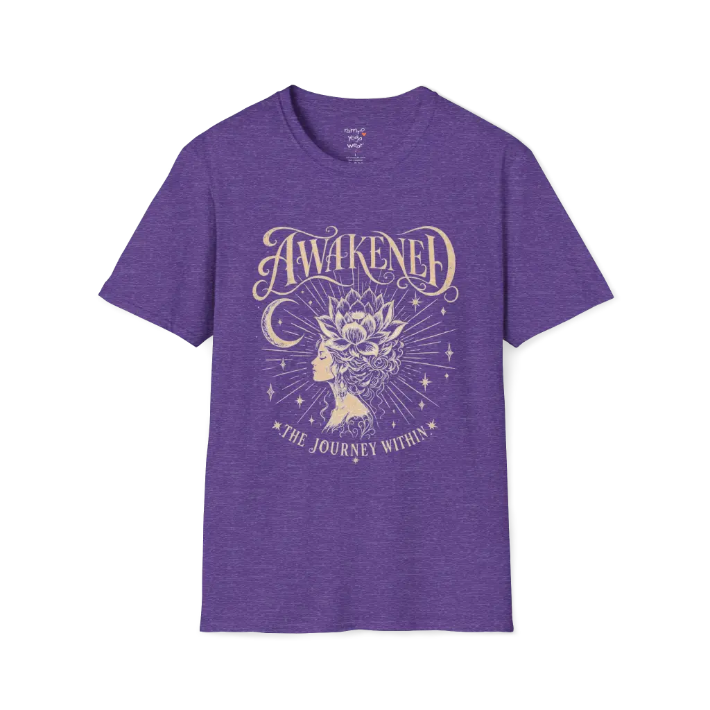 Heather Purple Awakened T-Shirt with vintage spiritual design and grounded mindful energy.