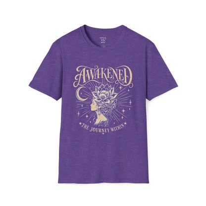 Heather Purple Awakened T-Shirt with vintage spiritual design and grounded mindful energy.