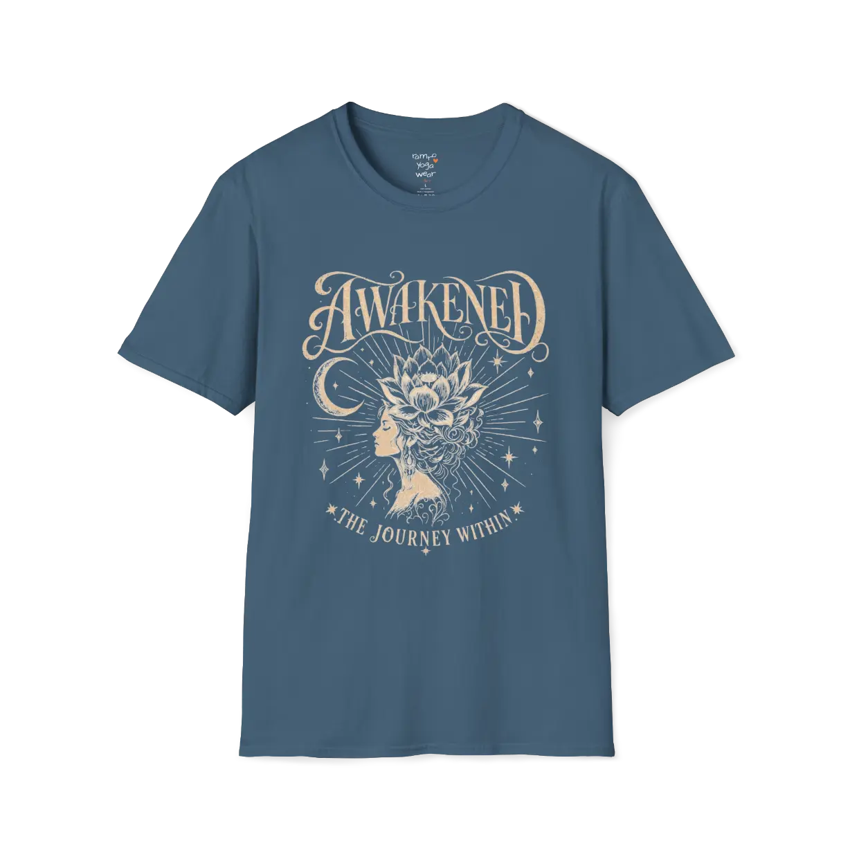 Indigo Blue Awakened T-Shirt featuring celestial graphic with calm yoga lifestyle aesthetic.