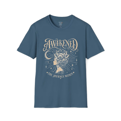 Indigo Blue Awakened T-Shirt featuring celestial graphic with calm yoga lifestyle aesthetic.