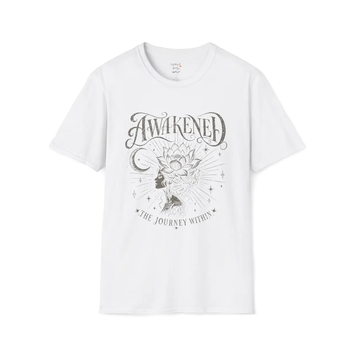 White Awakened T-Shirt featuring vintage-inspired celestial design in clean mindful graphic style.