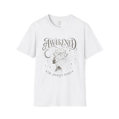 White Awakened T-Shirt featuring vintage-inspired celestial design in clean mindful graphic style.