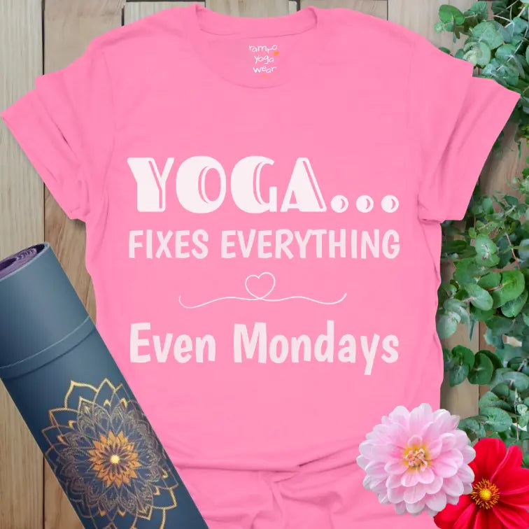 Azalea Fixes Everything T-Shirt with bold yoga typography and heart flourish. Inspiring yoga tee for lifting moods and softening tough days.