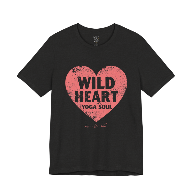 WILD HEART YOGA SOUL distressed heart tee — Funny Yoga Shirts collection by Ramro Yoga Wear — Black Heather